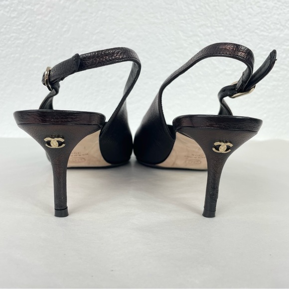 {Chanel} Bronze Leather CC Cap Toe Slingback Sandals Size 39.5 - Picture 9 of 14